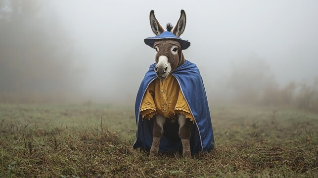 A whimsical donkey dressed in a colorful cape and hat stands in a foggy field, creating a charming fairy tale atmosphere.