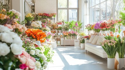 A bright, inviting space filled with vibrant blooms and natural light, creating an uplifting atmosphere.