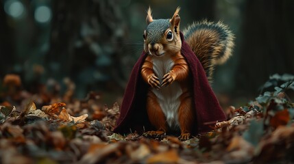Obraz premium A whimsical squirrel dressed in a cloak stands amid autumn leaves, embodying a playful fantasy in a forest setting.