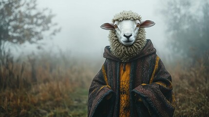 Obraz premium A whimsical sheep wearing a cloak stands in a foggy landscape, creating a mystical and enchanting atmosphere in nature.
