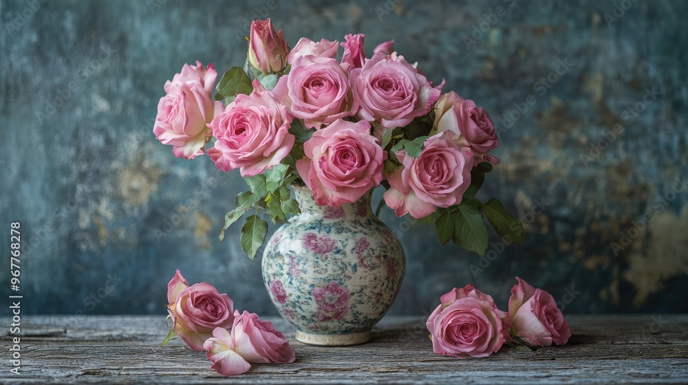 Canvas Prints A charming bouquet of pink roses in a vintage vase, set on a weathered wooden table, evoking a sense of nostalgia.