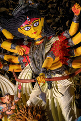 Idol of Goddess Devi Durga in a beautifully decorated pandal during the Durga Puja festival of...
