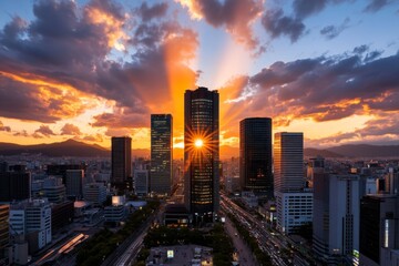 Obraz premium Osaka's skyline during sunset, as the orange and pink hues reflect off the glass skyscrapers, creating a warm, glowing atmosphere