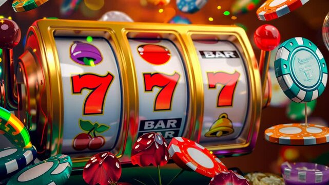 Vibrant slot machine with winning symbols, capturing the thrill of hitting the jackpot in a lively casino setting. Video 4K