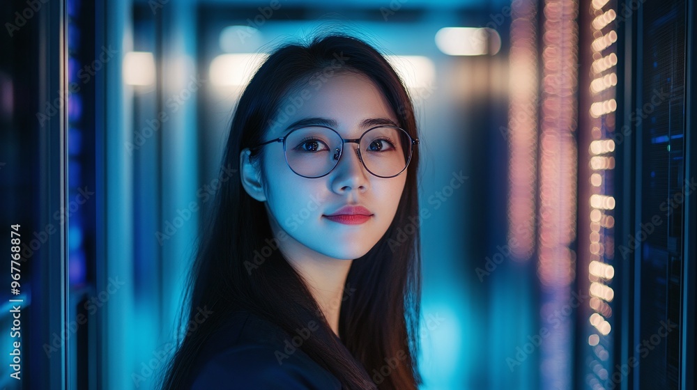 Poster portrait of asian female technician and engineer working in a data center server room focused on net