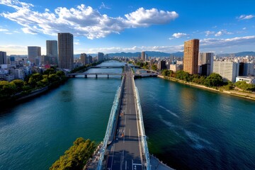 Obraz premium Osakaâ€™s iconic bridges, crossing rivers and canals, with views of the city stretching out on both sides