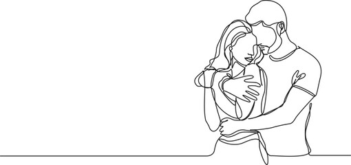 continuous single line drawing of man and woman hugging each other, line art vector illustration