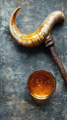 A shofar and glass of honey symbolize sweet new year, perfect for celebrations. rustic textures and warm colors create cozy atmosphere