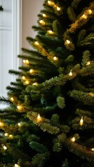 The green Christmas tree is decorated with a golden garland with small lights