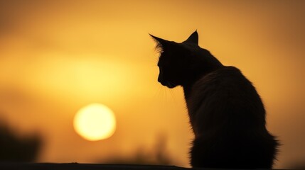 Silhouette of cat on sunset sky.