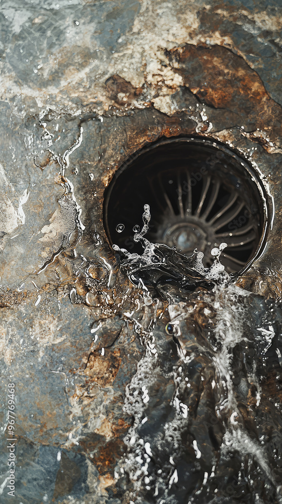 Poster water is overflowing from broken drain, creating chaotic scene on surface. contrasting textures of s