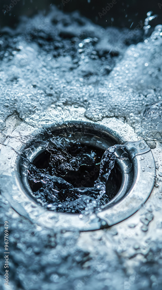 Poster overflowing water from sink drain creates chaotic scene, highlighting broken drain and rush of water