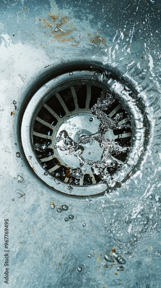 Poster water is overflowing from sink with broken drain, creating chaotic scene of splashing droplets and s