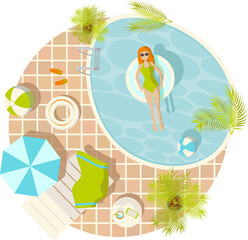 Summer vacation round illustration with a girl in a swimming pool dressed in green bikini and sunglasses