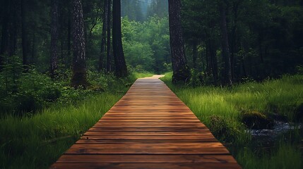 Obraz premium Wooden Path in a Lush Forest