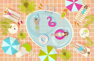 Rectangular pool illustration with young women and men dressed in the swimsuits