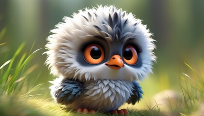 Fototapeta premium A cute, fluffy bird with large, expressive eyes and a small orange beak is standing in a grassy field. Its feathers are a mix of white and gray, creating a soft and cuddly appearance.