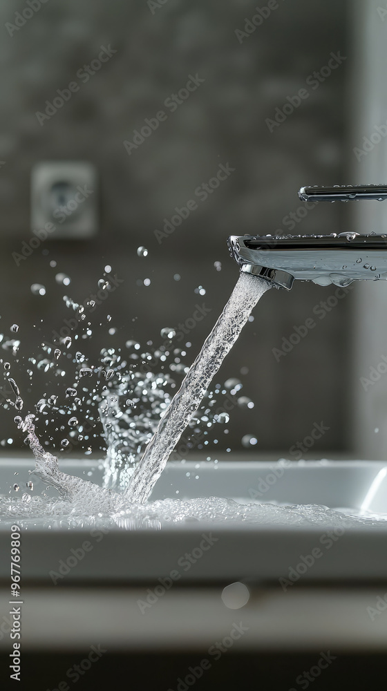 Poster water is spraying from broken spout, creating dynamic scene of splashing droplets in sink. image cap