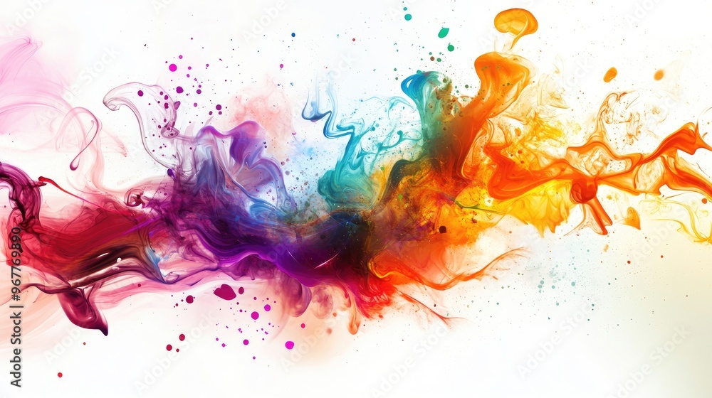 Poster a dynamic splash of ink with swirling patterns and vibrant colors on a white background