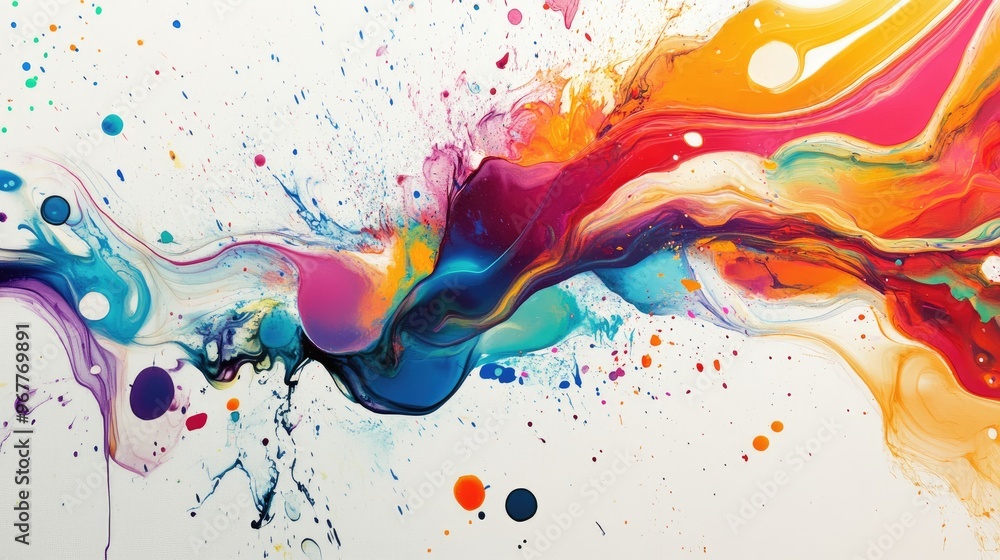 Poster a dynamic splash of ink with swirling patterns and vibrant colors on a white background
