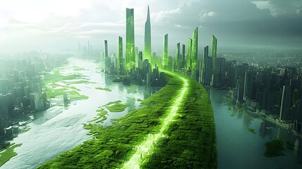 Conceptual Image of Algae Transforming into Clean Renewable Energy with Futuristic City