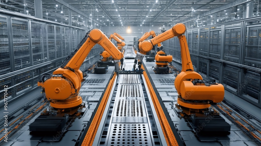 Poster modern factory interior with automated robotic arms working on an assembly line.