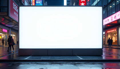 Blank Billboard on City Street at Night with Neon Lights