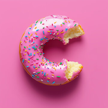 Pink frosted donut with colorful sprinkles with missing bite in solid pink background, Aerial top view. bitten donut with pink glaze and colorful sprinkles isolated on pink background. top view
