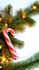 Сandy canes lie on a white background at the edges of a spruce branch decorated with a golden garland with small lights 