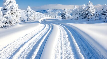 Obraz premium Snow Covered Mountain Road with Tire Tracks.