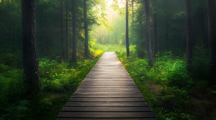 Obraz premium A Wooden Path Leading Through a Misty Forest