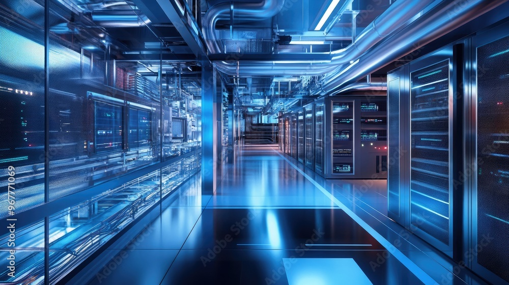 Poster a data center interior with sophisticated cooling systems and perfectly managed cables, emphasizing 