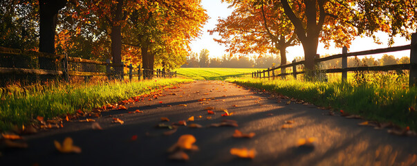 A serene autumn pathway lined with colorful trees and fallen leaves, inviting a peaceful stroll through nature's beauty.