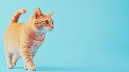 fluffy ginger orange cat walking on a light blue background curious and cute pet with soft fur and paws adorable domestic feline in a peaceful setting