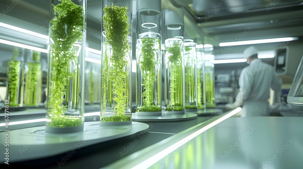 Poster futuristic lab scientists extracting clean energy from algae in cutting-edge renewable tech research