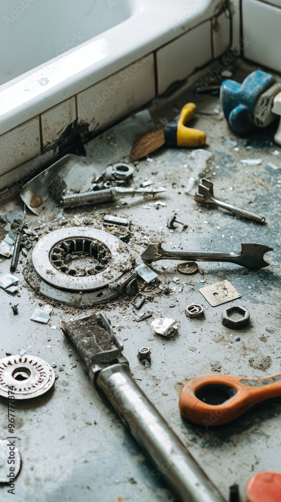 Poster tools and parts scattered around broken sink create chaotic scene filled with dust and debris. disar