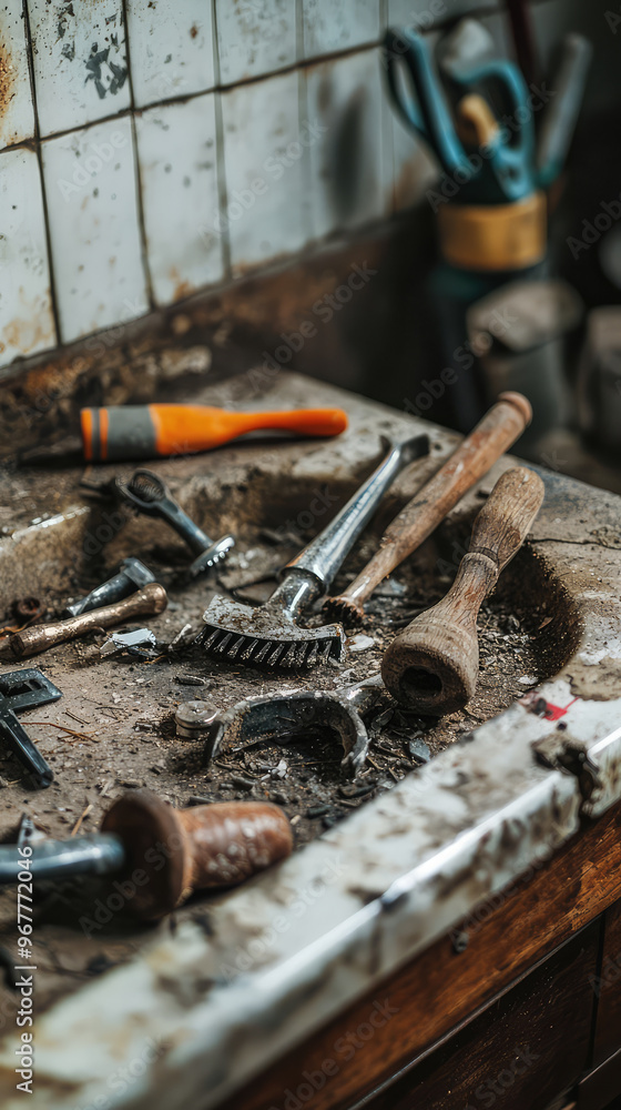 Aufkleber tools scattered around broken sink, creating chaotic and messy scene. dirt and grime highlight negle