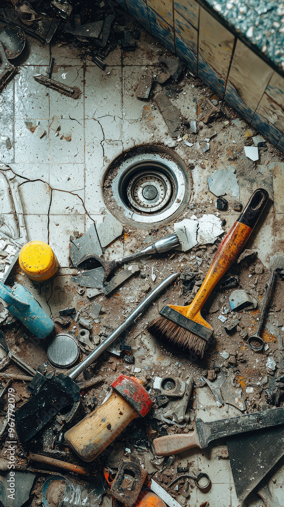 Aufkleber tools scattered around broken sink, showcasing messy and chaotic environment. image captures disarra