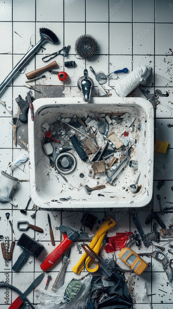 Aufkleber a broken sink surrounded by scattered tools and debris creates chaotic scene, highlighting disarray 