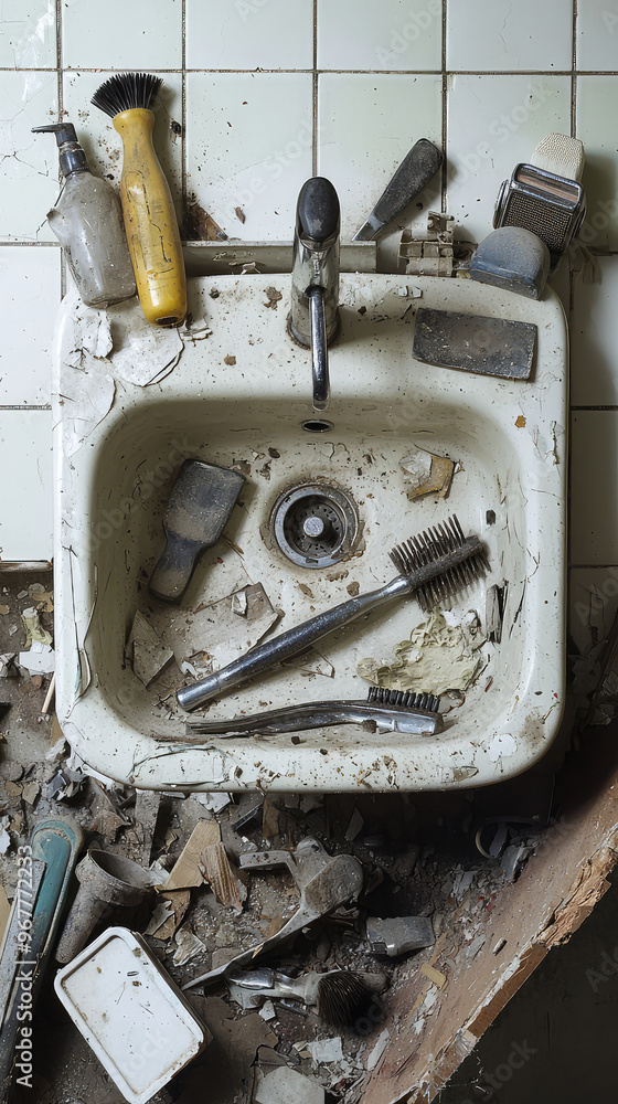 Poster tools scattered around broken sink, surrounded by debris and dirt, create chaotic scene in neglected