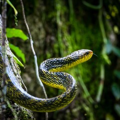 Green and yellow snake in tree
