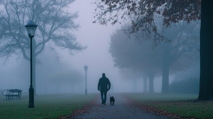 A person walks a dog through a foggy park, surrounded by trees and lampposts.