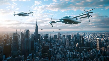 Futuristic Aerial Wind Turbines Soaring Over a Sustainable Metropolis