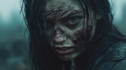 Obraz premium An eerie close-up of a female zombie face with long black hair and hollowed-out eyes. Skin flaking off, revealing muscle underneath, with a foggy graveyard in the background.