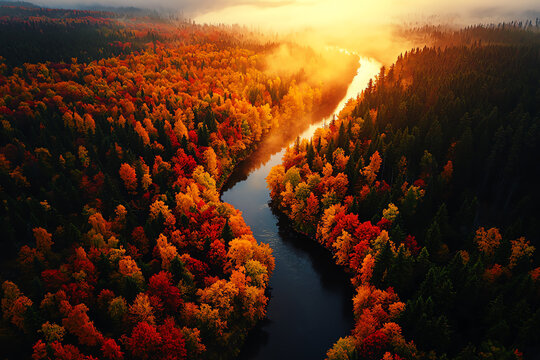 Aerial view of a vibrant autumn forest with a winding river at sunrise, showcasing colorful foliage and misty landscape.