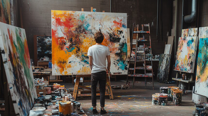 Obraz premium Abstract Artist in a Studio Full of Colorful Paintings and Canvases - Creative Expression in Progress