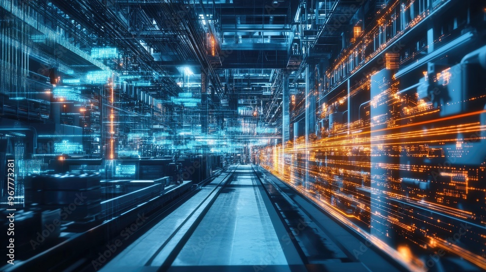 Poster a futuristic factory setting, showcasing quantum networks enhancing communication for advanced manuf