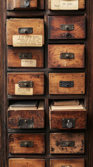 Vintage library card catalog with wooden drawers and cards, showcasing nostalgic design. rich textures and aged wood evoke sense of history and knowledge