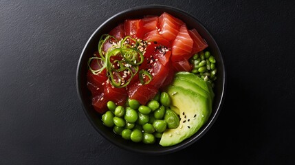 A fresh poke bowl with tuna, avocado, and edamame, arranged beautifully on a black background in a top-view shot.