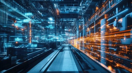 A futuristic factory setting, showcasing quantum networks enhancing communication for advanced manufacturing.